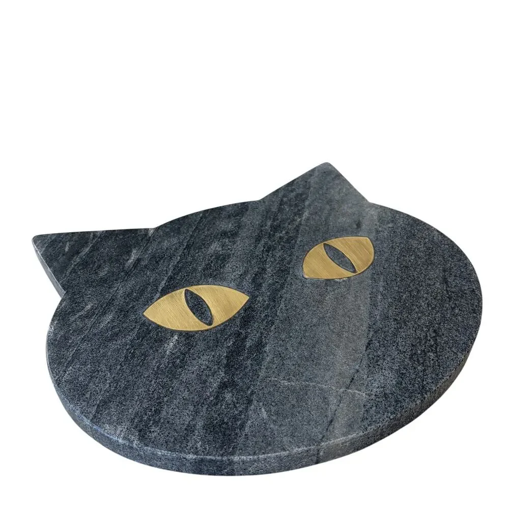 Godinger Black Cat Shaped Marble Serving Board With Brass Inlay 12x10.5 NEW